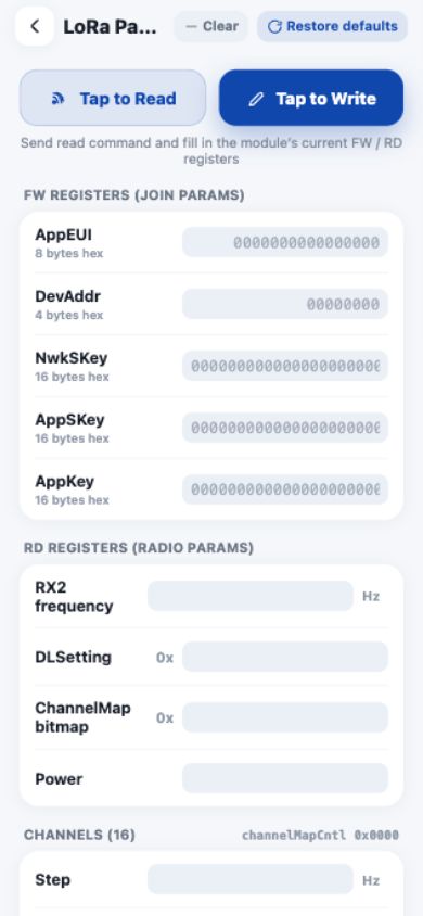 TapLink LoRa parameter configuration screen