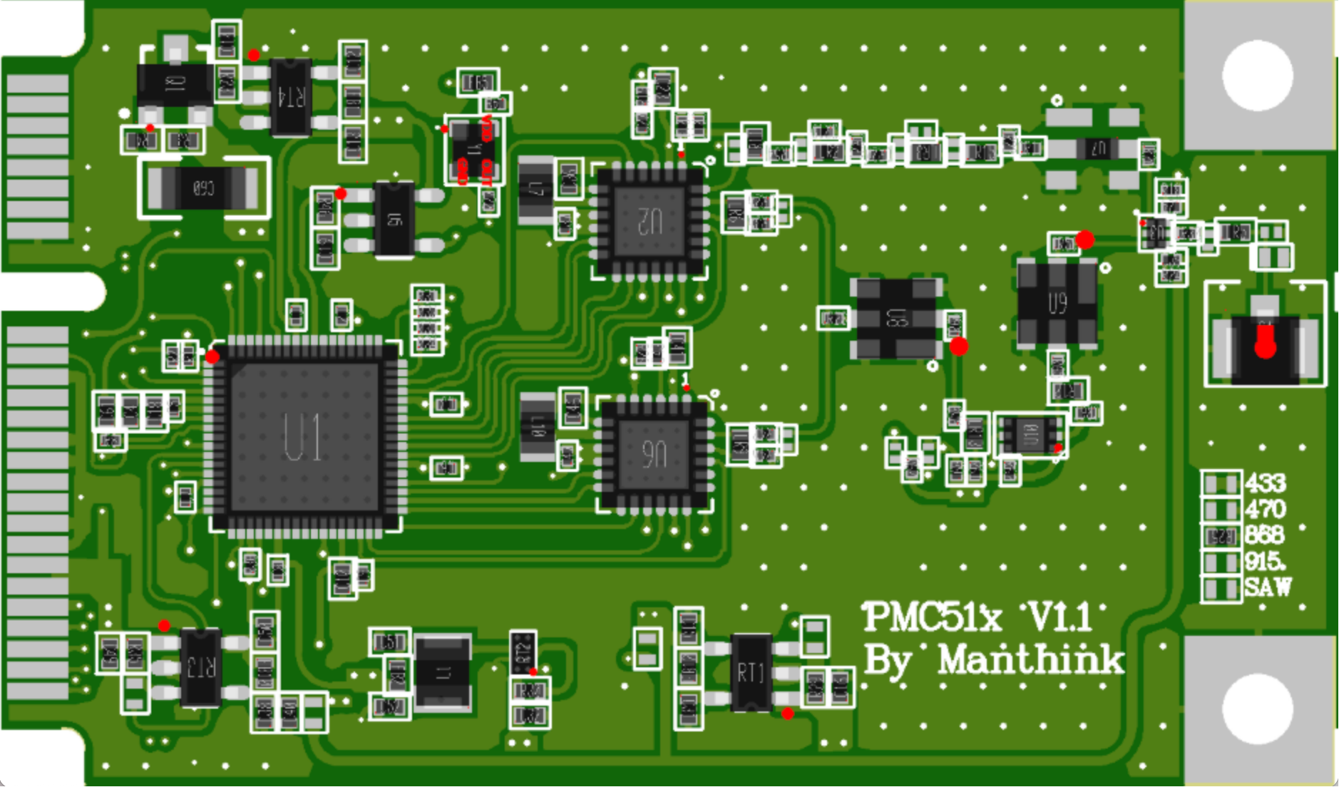Front view of the PMC51x Mini-PCIe LoRaWAN concentrator module