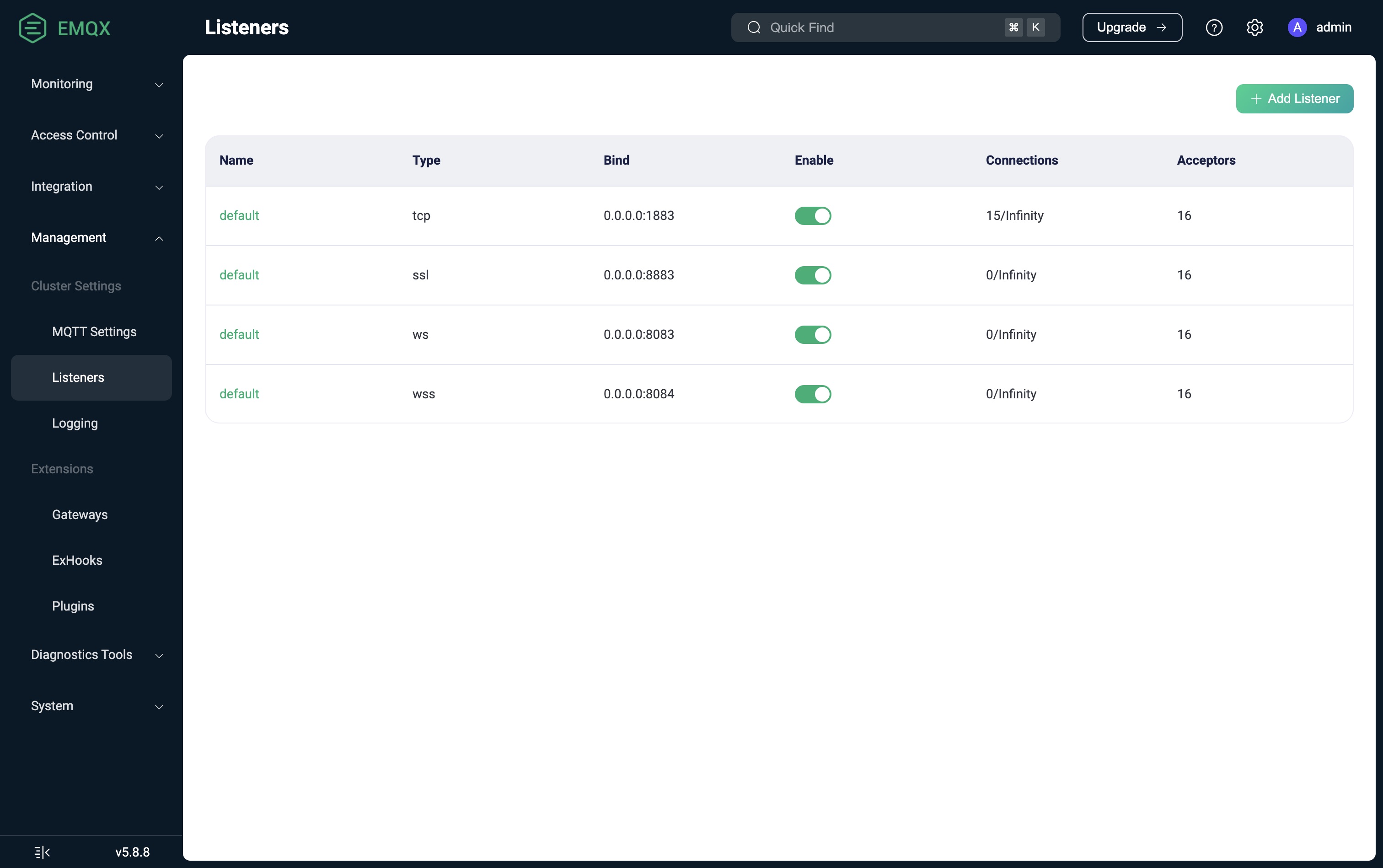 Actual EMQX 5.8.8 English UI: select default with type ssl and port 8883