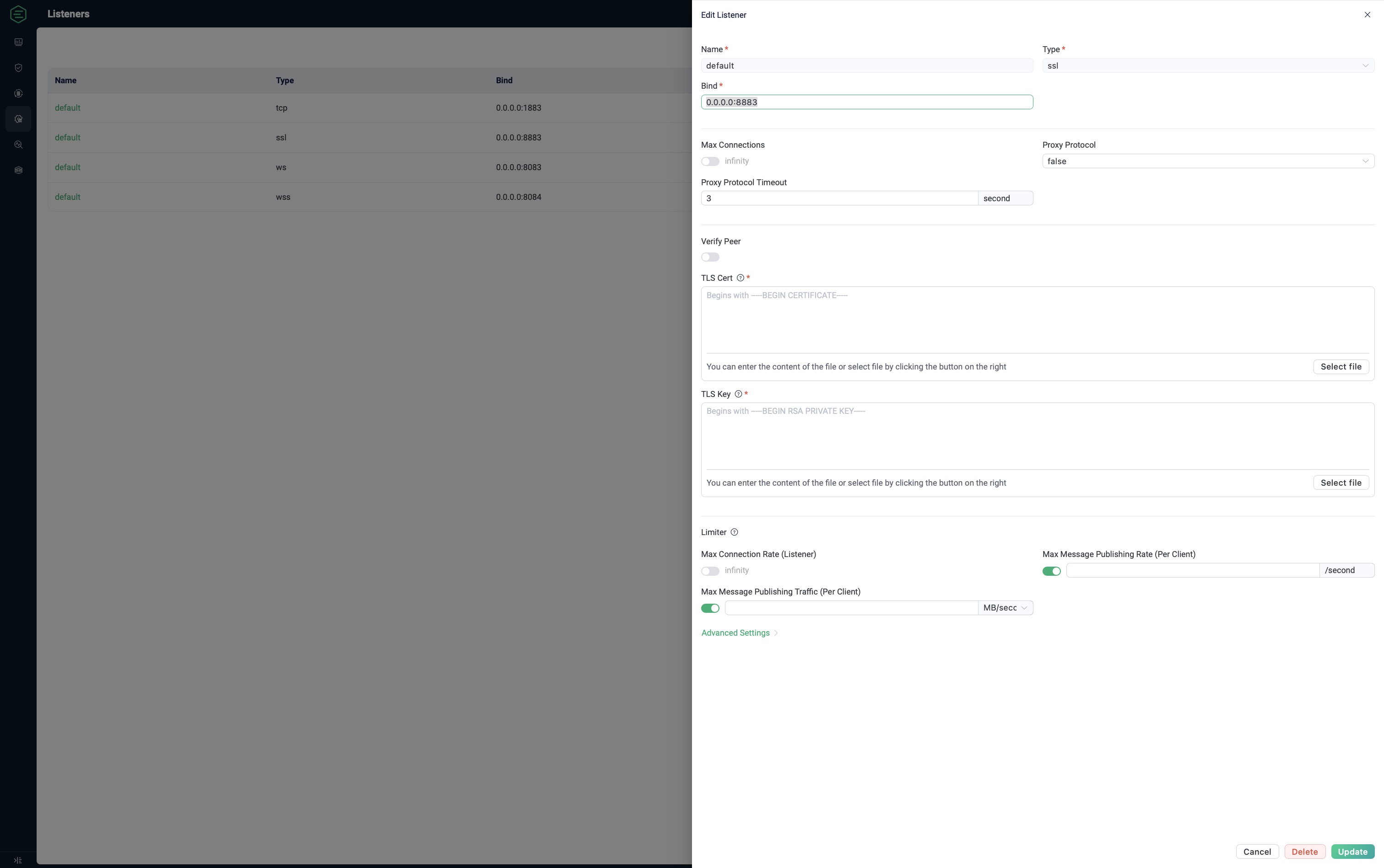 Actual EMQX 5.8.8 English UI: certificate/key upload fields and Update button