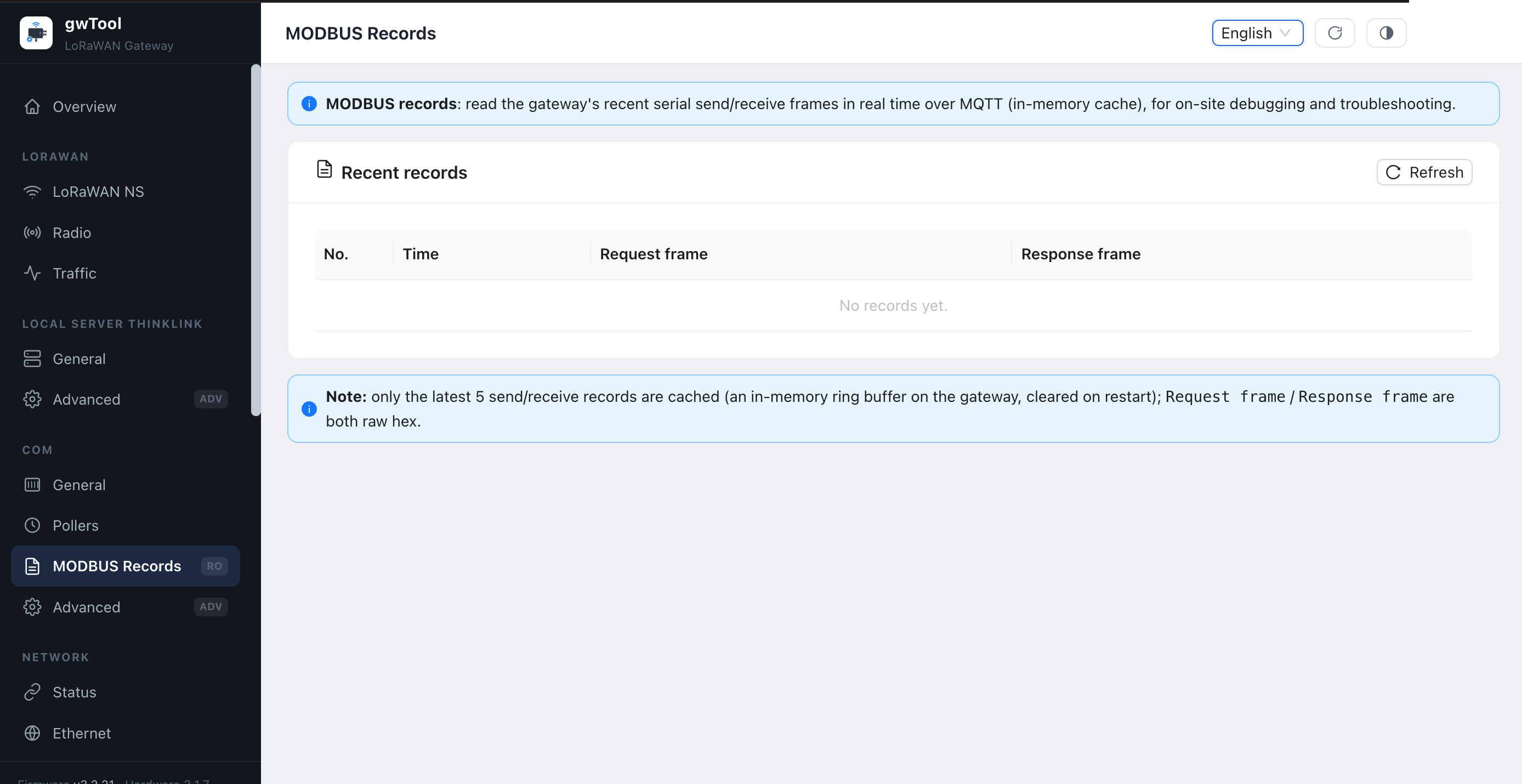 GD7 English MODBUS Records page