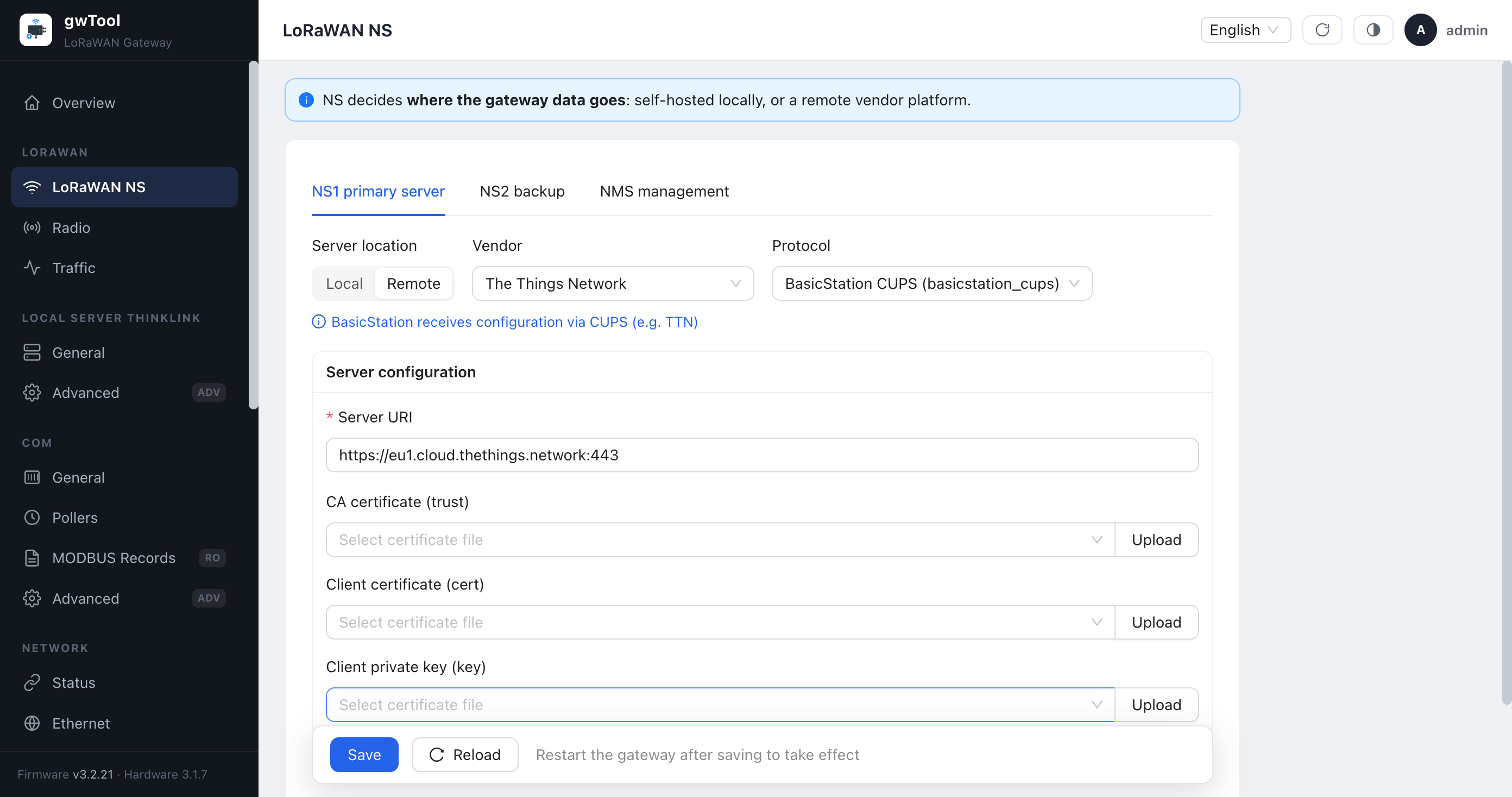 gwTool7 TTN BasicStation CUPS configuration in English