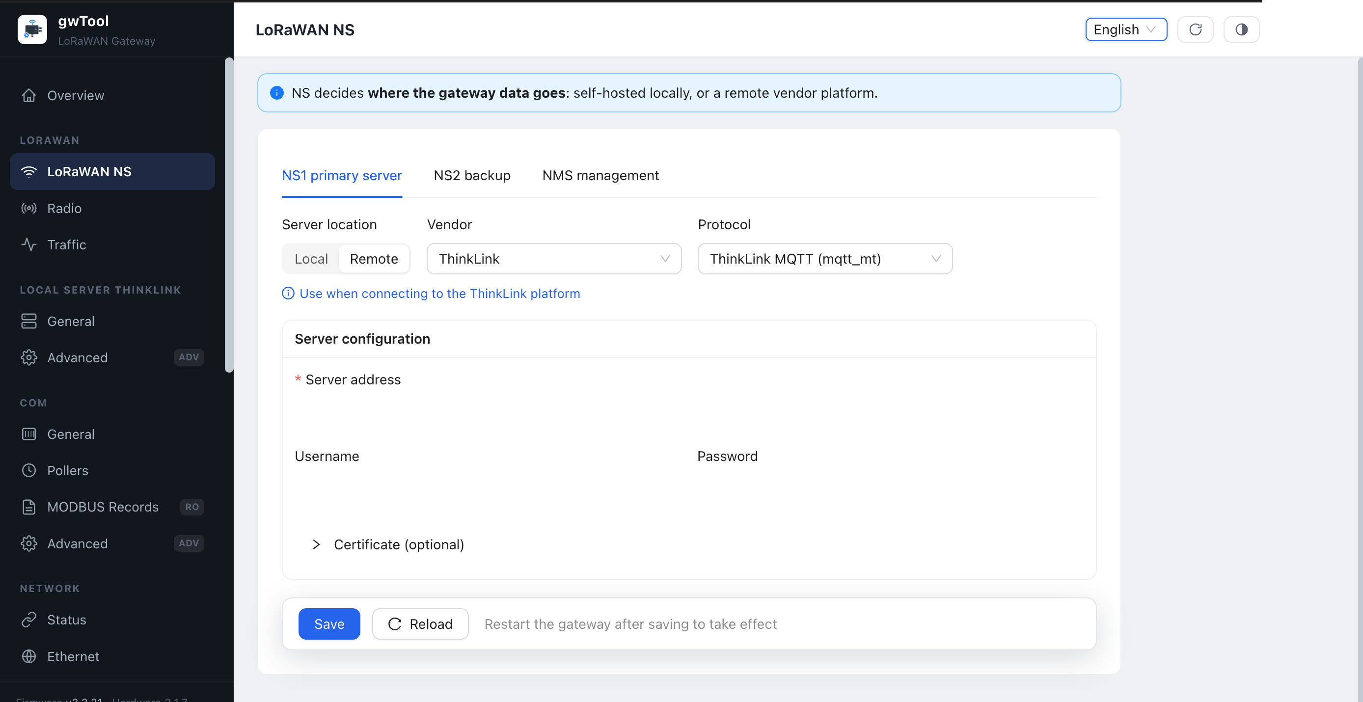 GD7 English LoRaWAN NS page
