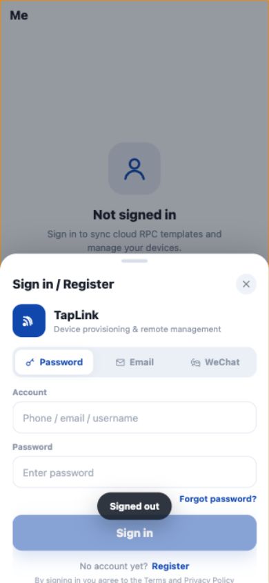 TapLink sign-in screen