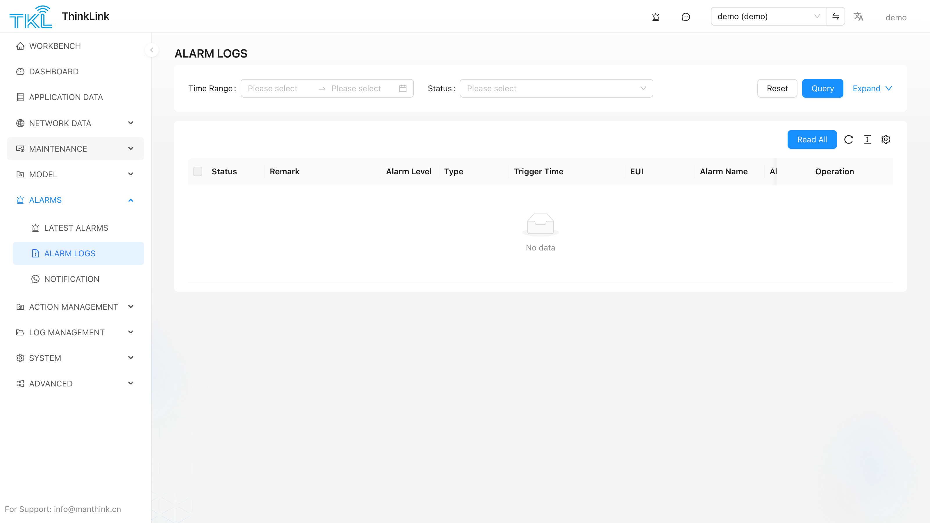 Alarm Logs page: historical alarm records