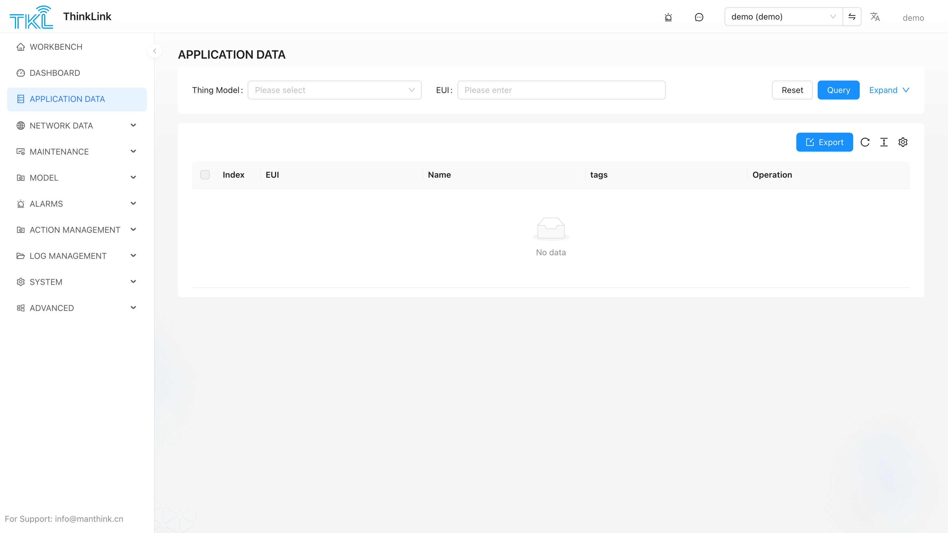 Application Data page: realtime device telemetry