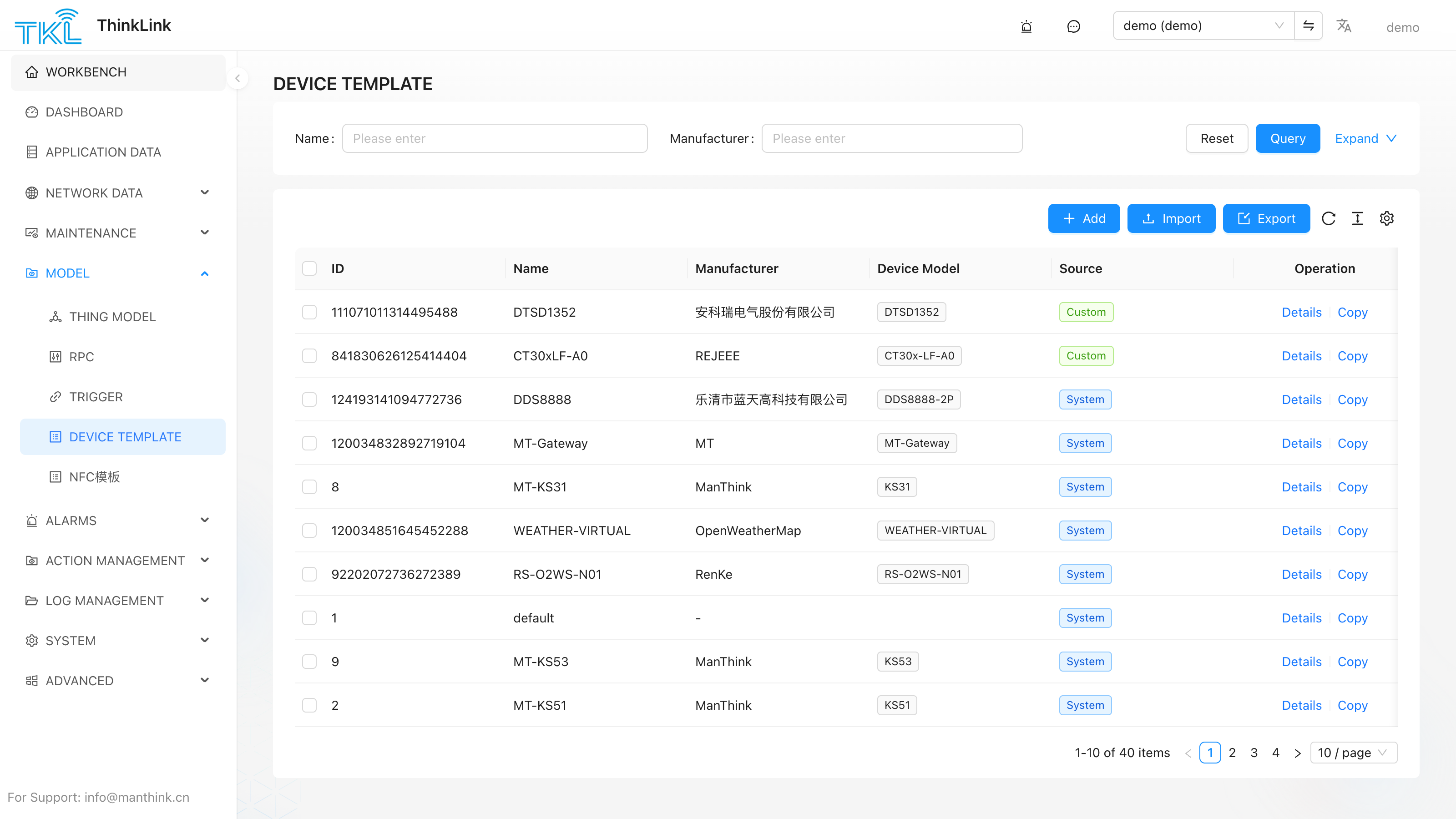 Device Template list page