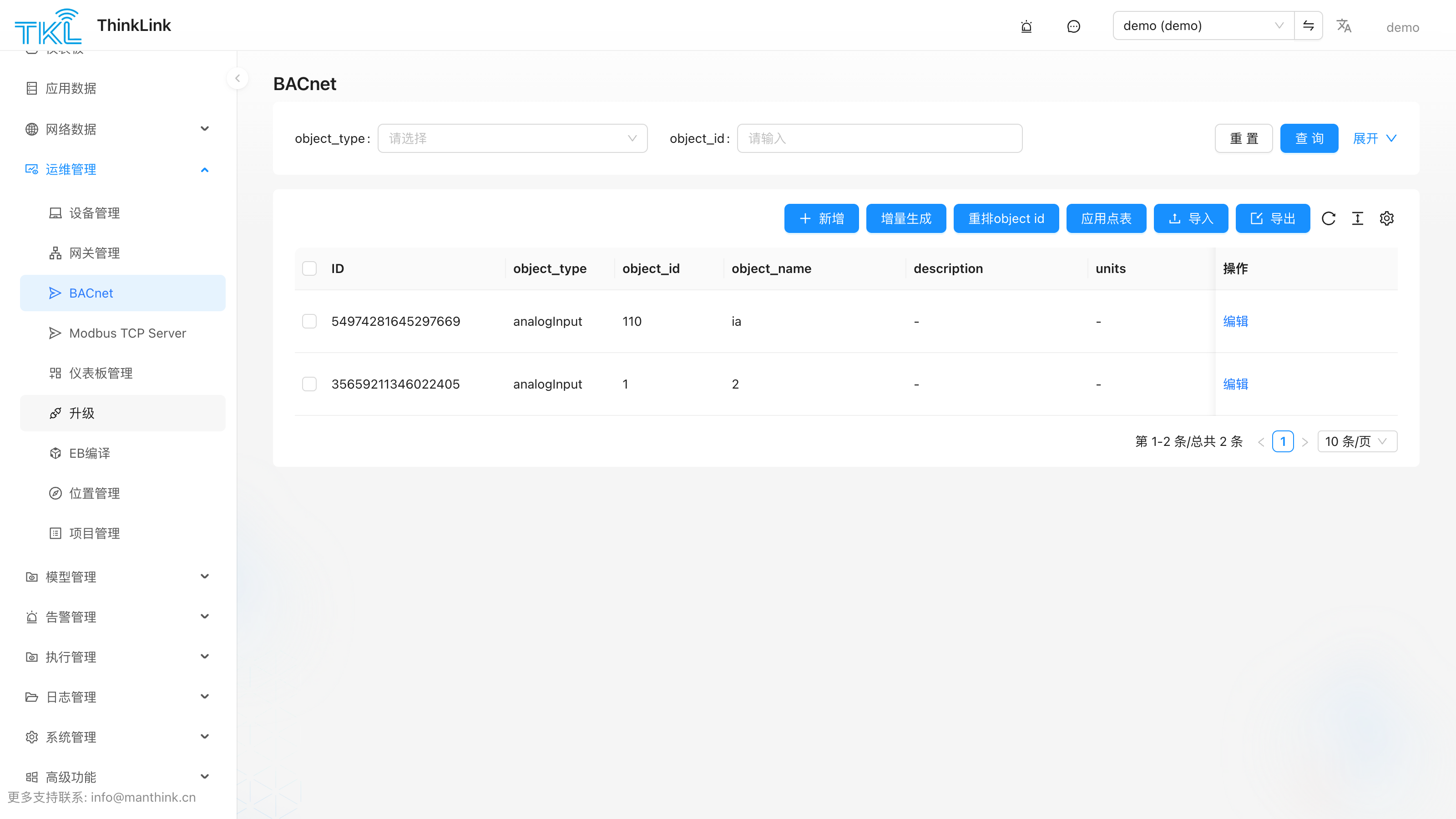 BACnet 对象管理页面