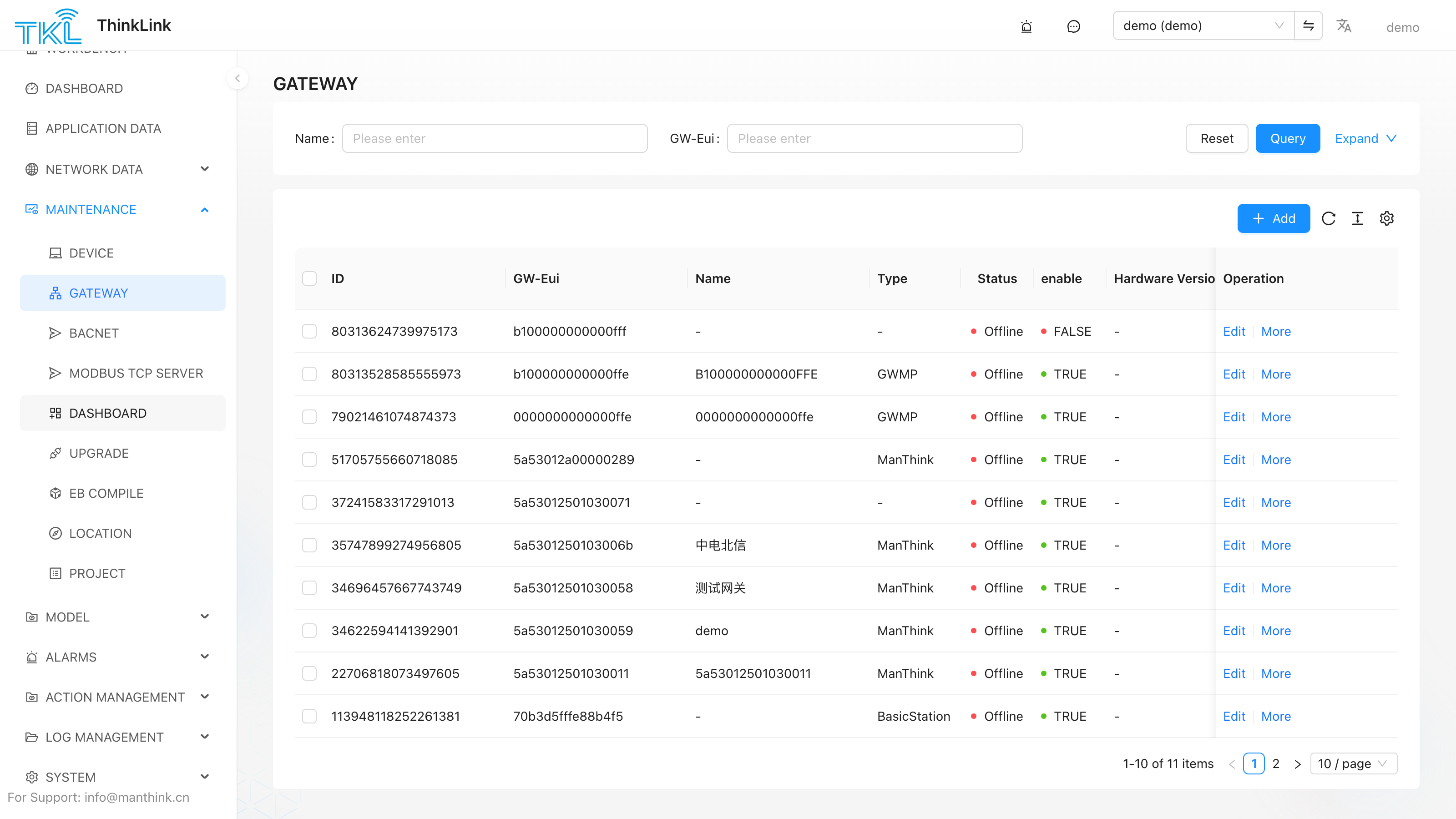 Gateway Management page: gateway list and online status