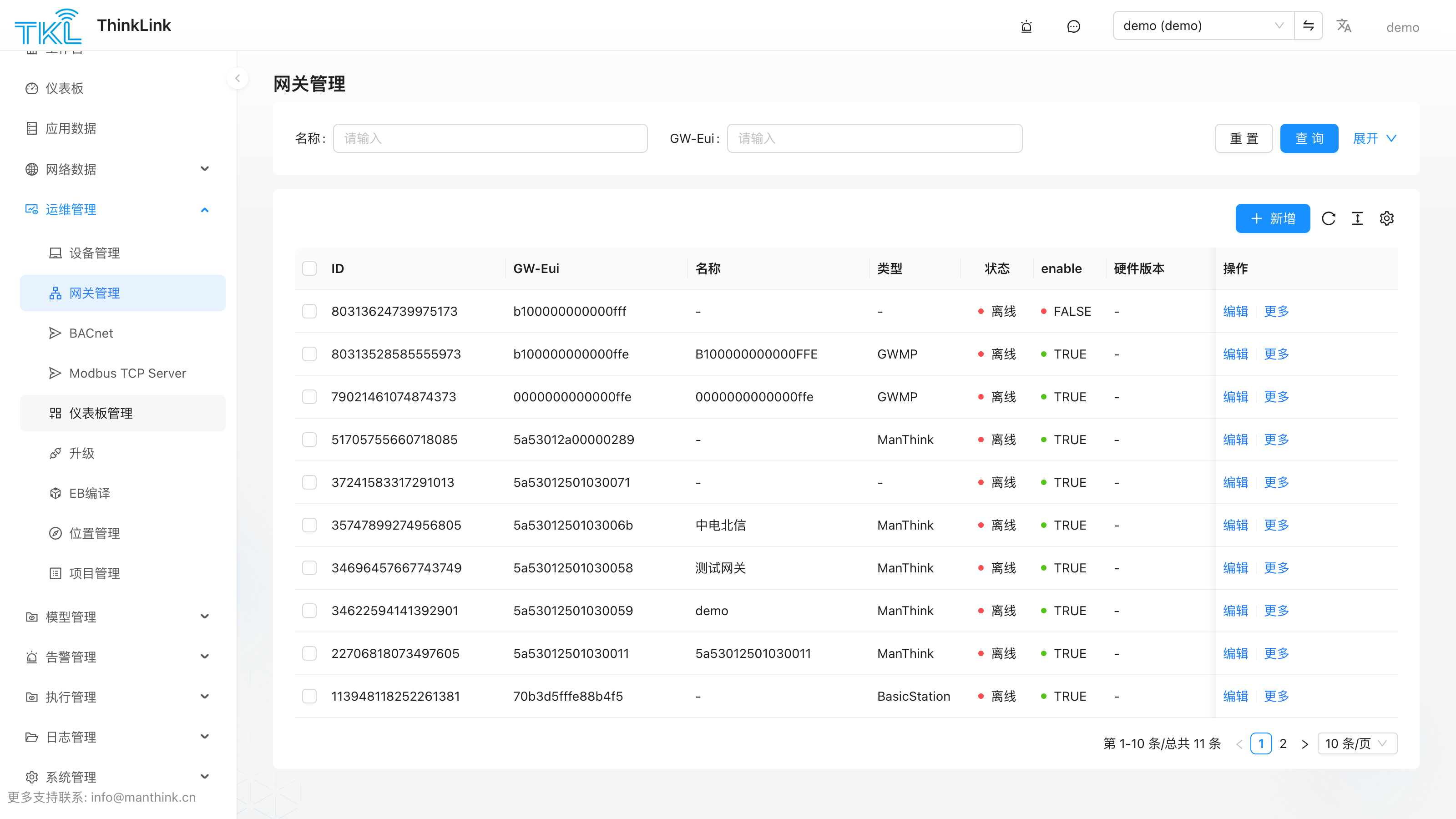 网关管理页面:网关列表与在线状态