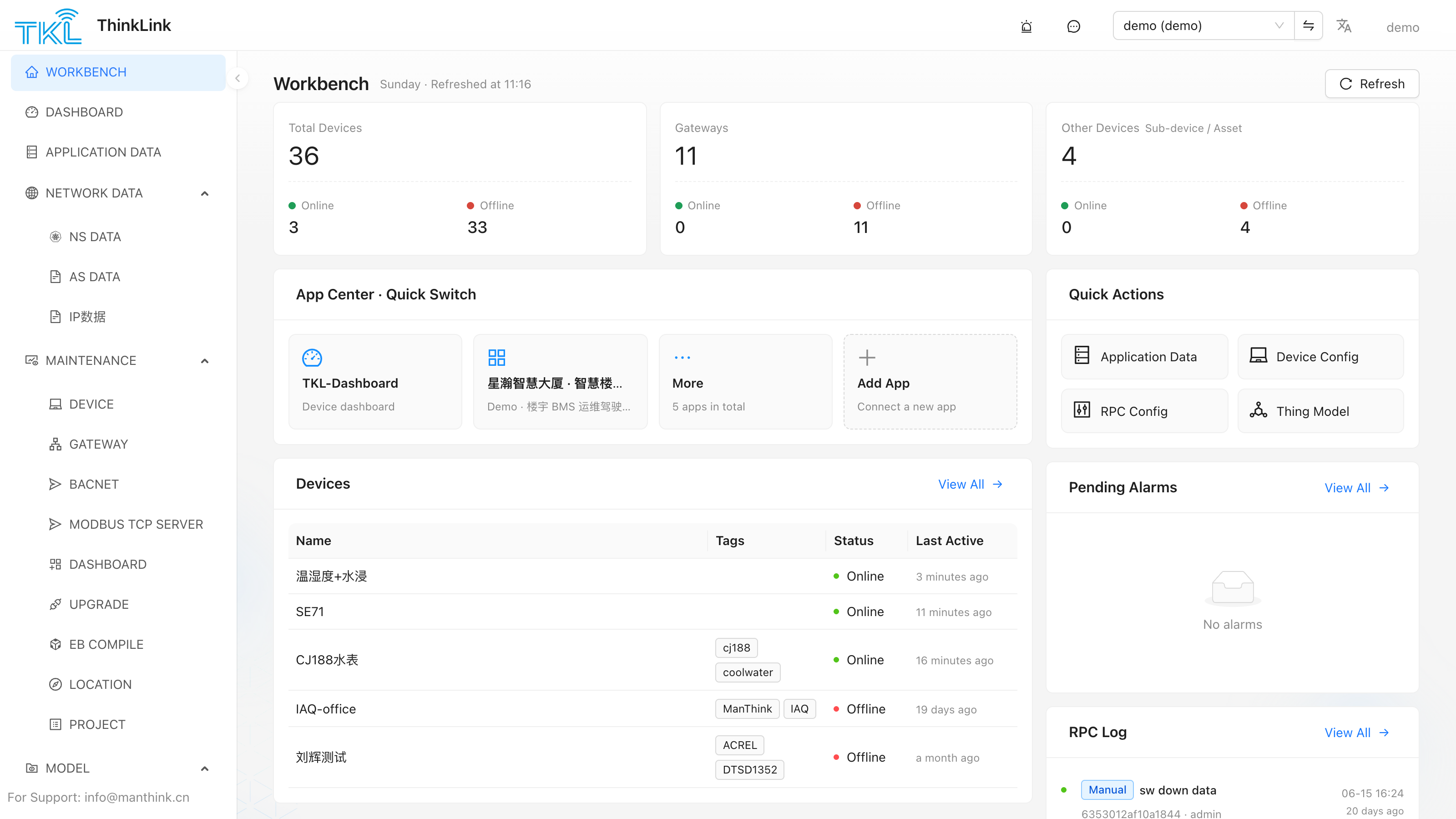 Tenant workbench after login: device overview, app center, pending alarms and RPC log