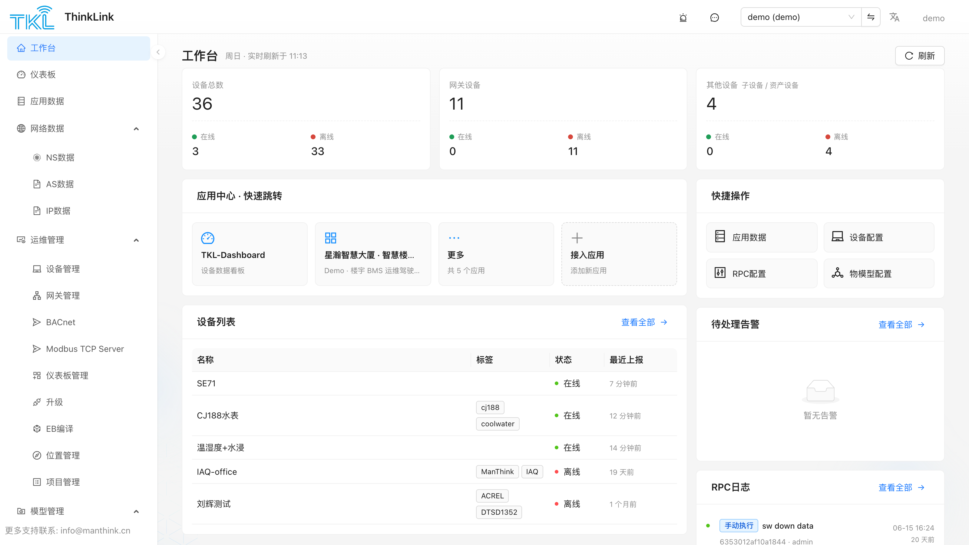 登录后的租户工作台:设备总览、应用中心、待处理告警与 RPC 日志
